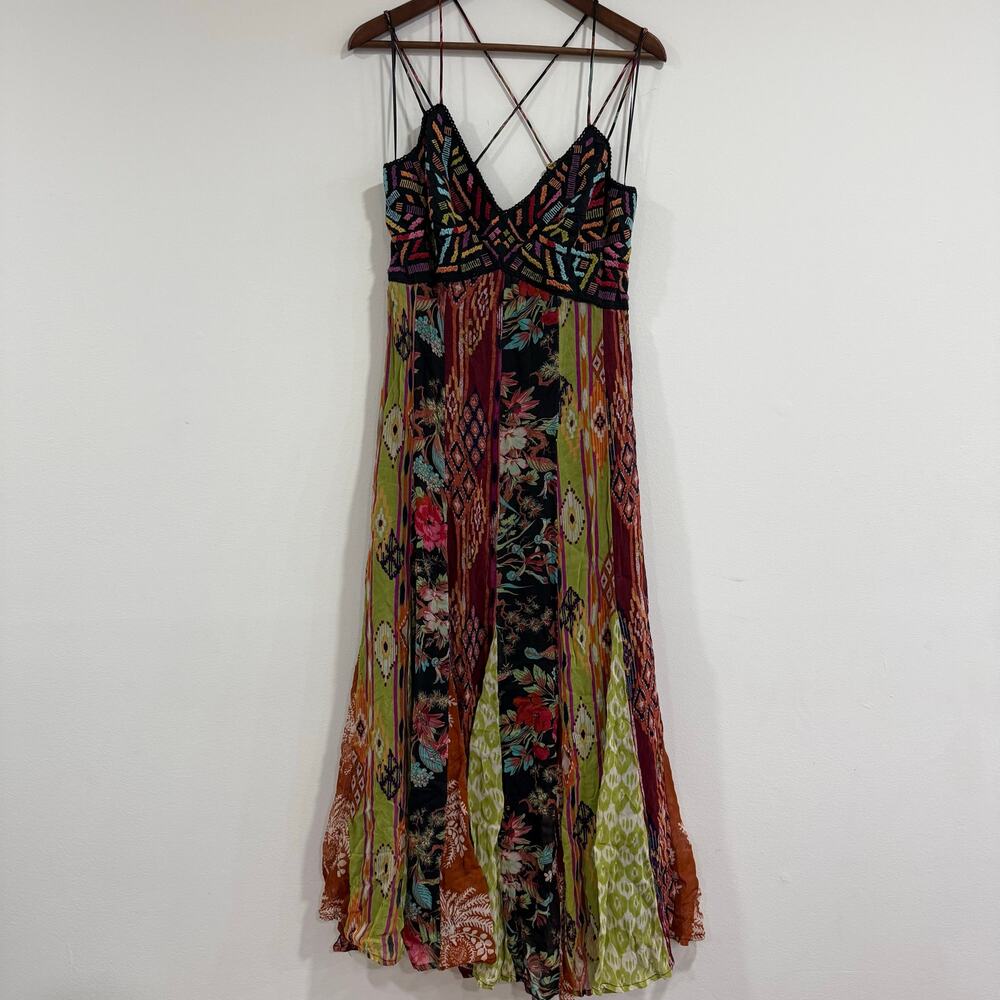 Anthropologie Boho Multi Print V-Neck Maxi Dress Size US 2 - Picture 5 of 11